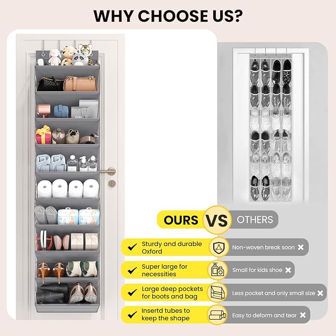 20-25 Pairs Over the Door Shoe Organizer, Clear Pockets Shoe Rack for Closet Door, 10-Tier Hanging Shoe Rack for Boots, Behind the Door Shoe Holder Fit All the Family's Sneakers, Boots, Heels, Grey
