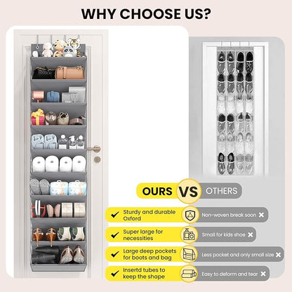 20-25 Pairs Over the Door Shoe Organizer, Clear Pockets Shoe Rack for Closet Door, 10-Tier Hanging Shoe Rack for Boots, Behind the Door Shoe Holder Fit All the Family's Sneakers, Boots, Heels, Grey