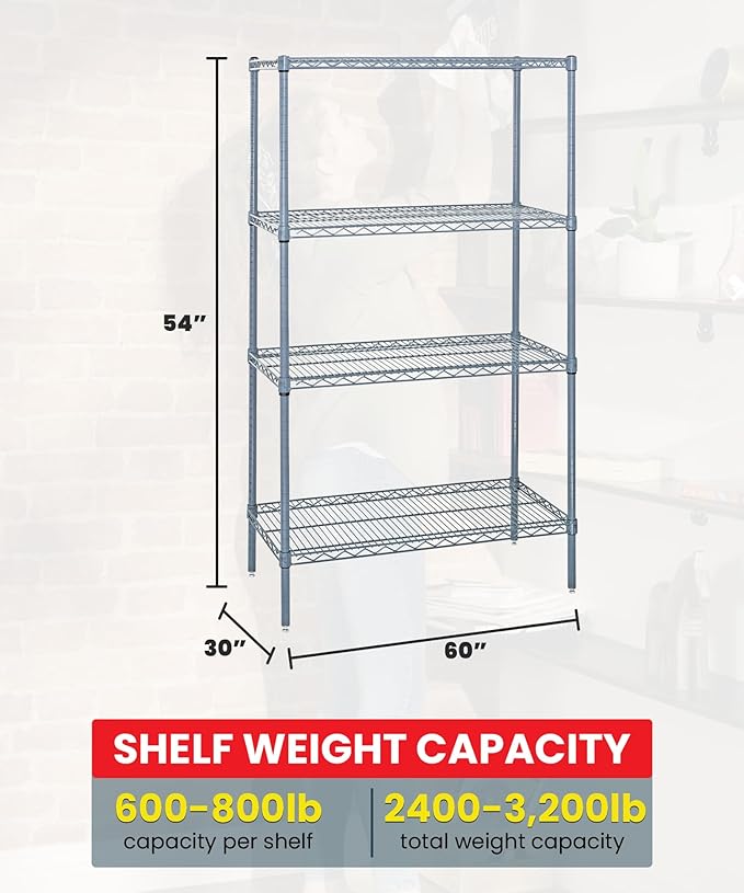 Quantum Storage Systems WR54-3060GY Wire Shelving 4 Shelf Wire Starter Units, 30" x 60" x 54", Gray Epoxy