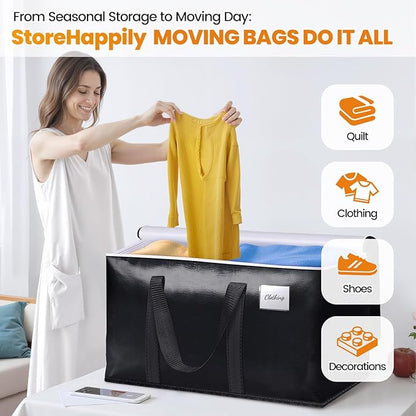 StoreHappily Heavy-Duty & Extra Capacity Moving Bags with Backpack Straps, Storage Totes with Double Zipper & Strong Handles, Packing Bags Alternative to Moving Boxes, Moving Supplies (8 Pack, Black)