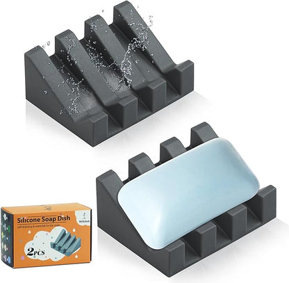 2 Pack Self Draining Silicone Soap Dish for Shower & Kitchen - Waterfall Bar Soap Holder Tray, Non-Slip Soap Saver Keeps Soap Dry, Easy to Clean, Extends Soap Life (Grey)
