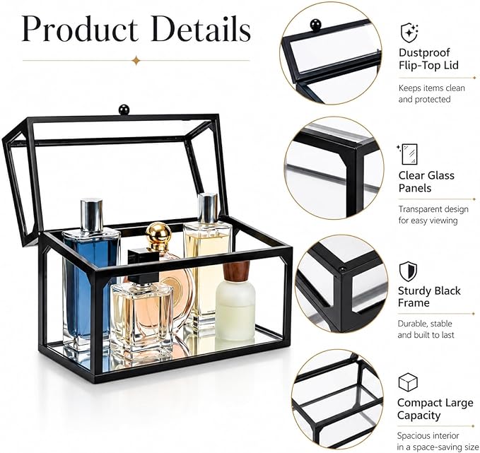 Cologne Organizer for Men, Glass Perfume Organizer Box with Flip Top Lid, Dustproof Perfume Storage Case, Clear Cologne Holder for Vanity, Bathroom Countertop, Watch, Jewelry, Fragrance Display, Black