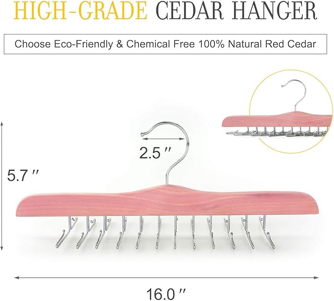 TOPIA HANGER American Red Cedar Wooden Tie Racks for Closet, 24 Tie Hangers Organizer, High-Grade Space Saving Necktie Holder for Storage and Display Bra, Tank Top, Camisole (1-Pack) CT14T