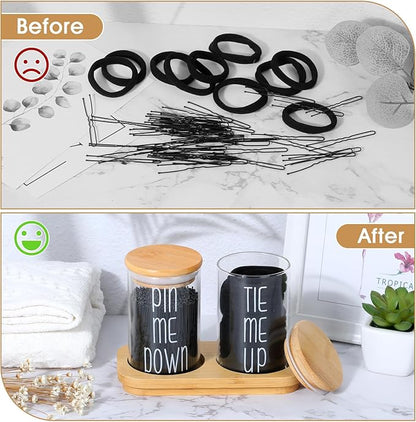 Funny Apothecary Jars 2 Pack Hair Tie Holder Organizers Bathroom Canisters with Tray Bobby Pin Holder Bathroom Jars Accessories Set with Lids for Bathroom décor Farmhouse Bathroom Storage Organization