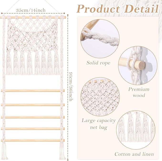 SNOWSTAR Macrame Hair Claw Clip Organizer,Large Capacity Mesh Bag Scrunchies Holder and Hair Ties Organizer for Women Girls,Hair Accessorie Hanging Storage Home Decor Wall,Door