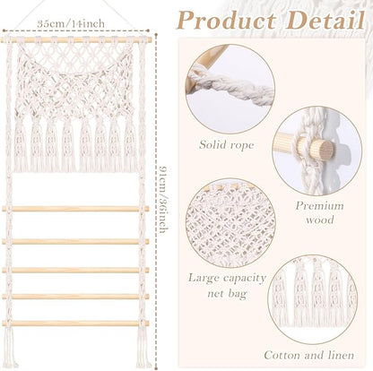 SNOWSTAR Macrame Hair Claw Clip Organizer,Large Capacity Mesh Bag Scrunchies Holder and Hair Ties Organizer for Women Girls,Hair Accessorie Hanging Storage Home Decor Wall,Door