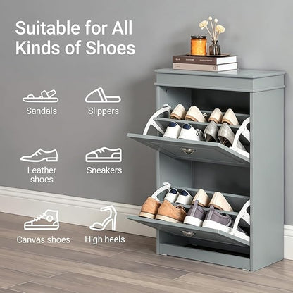 SoBuy Small Shoe Cabinet, Slim Shoe Rack 2 Flip-Drawers, Thin Shoe Storage Cupboard Organizer Unit for Entryway and Hallway, Grey FSR78-HG