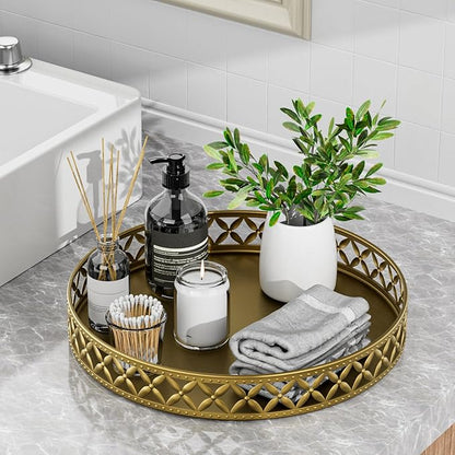 EKNITEY Bathroom Counter Vanity Tray - Perfume Makeup for Dresser Tops Gold Round Serving Candle Decorative Storage Home Decor 11'' Floral-gold