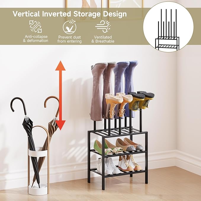 Boot Rack for Tall Boots Organizer,3-Tier Multiuse Shoe Rack and Boot Storage Rack,for Tall Boots,Sneakers,High-Heel (Black, 3-Tier-Short)