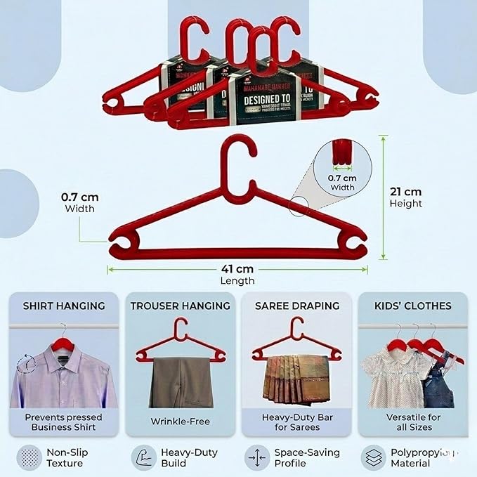 Sturdy Polypropylene Hanger, Pack of 6, Red