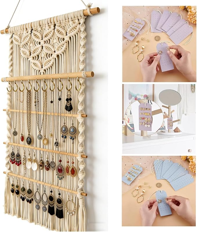 Macrame Jewelry Hanger, Hanging Jewelry Organizer,Boho Earring Holder Wall Mounted Necklace Holder, Tapestry Earrings Display, Bracelet Storage Minimalist Decor Tassel for Women Room (White)