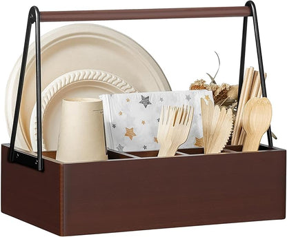 PTSTING Silverware Caddy with Handle Acacia Wood Utensil Holder Paper Plate Dispenser for Countertop Flatware Organizer Box for Spoons Forks Plates Cups Napkins