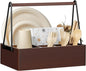 PTSTING Silverware Caddy with Handle Acacia Wood Utensil Holder Paper Plate Dispenser for Countertop Flatware Organizer Box for Spoons Forks Plates Cups Napkins