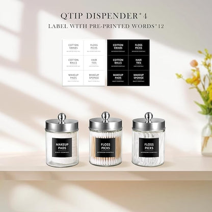 SheeChung 4-Pack Glass Qtip Holder Dispenser - Rust-Proof Stainless Steel Apothecary Jars with Labels -Bathroom Organizer for Cotton Swabs, Balls, Pads-Sleek Countertop Canister (Brushed Nickel)