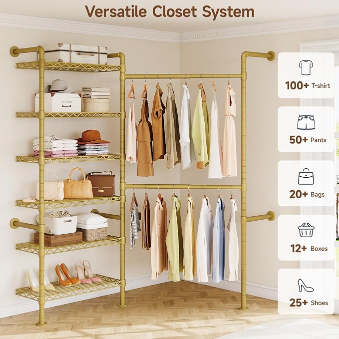 L2 Wall Mounted Closet System, Industrial Pipe Clothing Rack Clothes Racks with 2 Telescopic Rod & 6 Shelves, Heavy Duty Closet Organizers System in Wardrobe Closet, Gold
