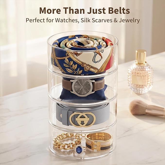Belt Organizer for Closet Storage: Clear Acrylic 8-Layer Stackable Belt Box, Space-Saving Neat Case Holder
