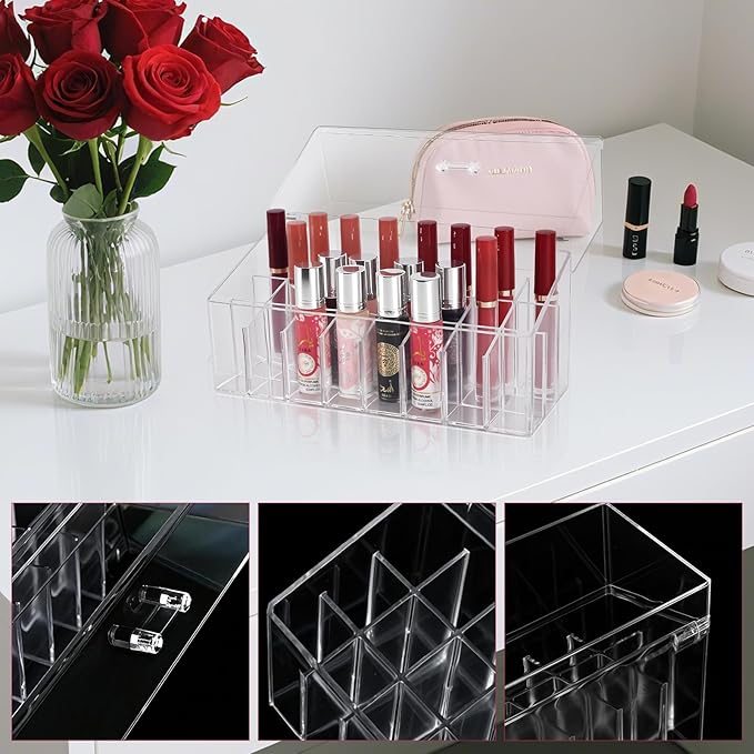 Acrylic Lipgloss Lip Gloss Holder & Rollerball Perfume Organizer for Compact Essential Oil Rollerball Perfume Holder, Makeup Brush, 18 Slots Tubular Storage Display Cabinet With Cover