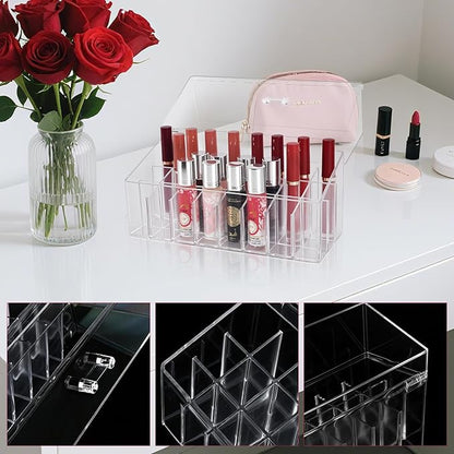 Acrylic Lipgloss Lip Gloss Holder & Rollerball Perfume Organizer for Compact Essential Oil Rollerball Perfume Holder, Makeup Brush, 18 Slots Tubular Storage Display Cabinet With Cover