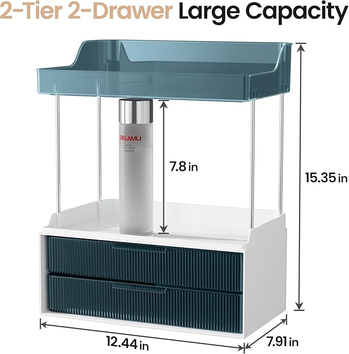 Delamu Bathroom Organizers and Storage, 2 Tier 2 Drawer Makeup Organizer Countertop, Easy to Install, Ideal for Bathroom Counter, Vanity, Blue