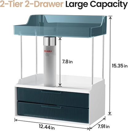 Delamu Bathroom Organizers and Storage, 2 Tier 2 Drawer Makeup Organizer Countertop, Easy to Install, Ideal for Bathroom Counter, Vanity, Blue