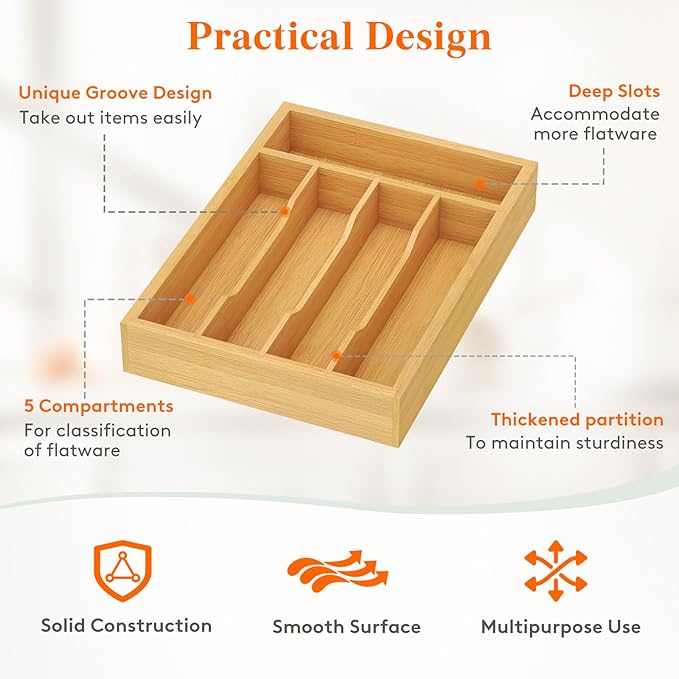 Lifewit Silverware Drawer Organizer, Utensil Tray for Kitchen, Flatware and Cutlery Holder, Storage for Spoons Forks Knives, 8.6 x 12.5", Natural