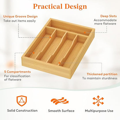 Lifewit Silverware Drawer Organizer, Utensil Tray for Kitchen, Flatware and Cutlery Holder, Storage for Spoons Forks Knives, 8.6 x 12.5", Natural