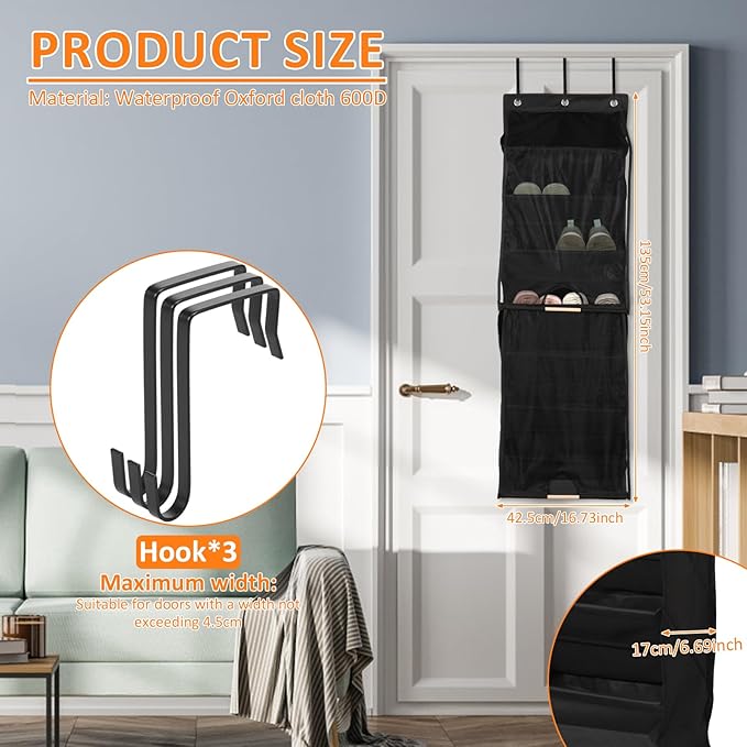 Over The Door Shoe Organizer with Curtain, 7 Layers Large Capacity Hanging Door Shoe Rack Easy to Install for Bedroom Closet Dorm