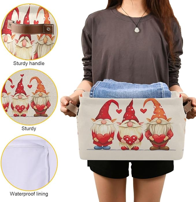 Large Storage Basket Gnomes Hold Hearts Storage Bin Cube Canvas Fabric Organizer Handles Collapsible for Clothes Toys Bedroom Decorative