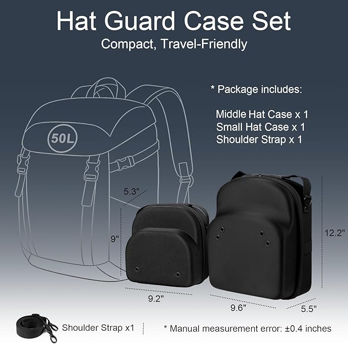 Epesoware 2 PCS Hard Hat Travel Cases for Baseball Caps - Crush Proof Cap Carrier for 7 Hats, Hat Storage Organizer with Adjustable Shoulder Strap, Trolley Sleeve and Handle, for Travel & Home Use