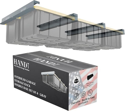 USA Based Overhead Garage Storage Rack, Connectable Heavy Duty Metal Ceiling Rails Garage Storage Organization Shelving System, Hanging Racks Tote Containers, Supports Up To 6 Bins, 4 Sets Gray