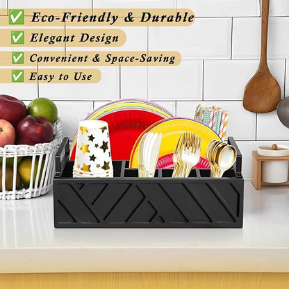 Paper Plate Dispenser with Utensil Caddy, Rustic Wooden 6-Compartment Flatware Organizer for Kitchen Counter, Picnic & Parties (Black)