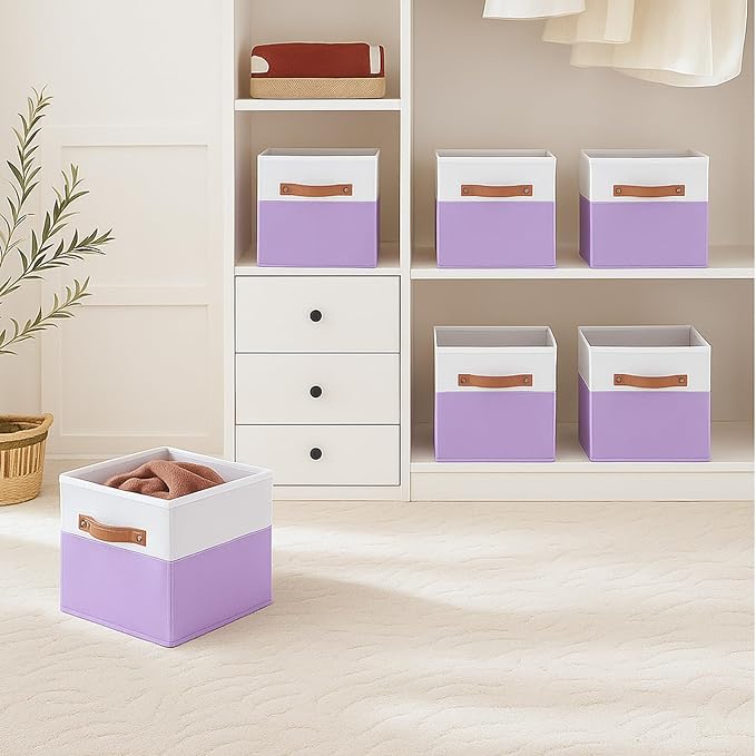 ShellKingdom Storage Bins, Two-Tone Foldable Fabric Storage Cubes with Leather Handle for Closet Toys Clothes Storage Organizer Drawer, 10.5 X 10.5 X 11 inch, 2 Pack (White/Lavender)