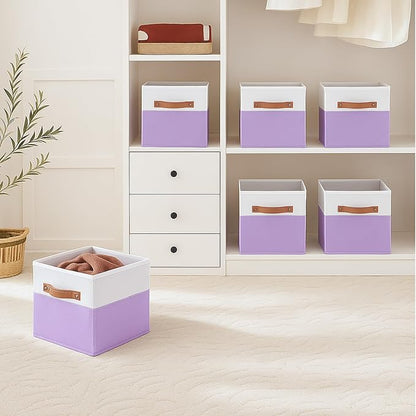 ShellKingdom Storage Bins, Two-Tone Foldable Fabric Storage Cubes with Leather Handle for Closet Toys Clothes Storage Organizer Drawer, 10.5 X 10.5 X 11 inch, 2 Pack (White/Lavender)