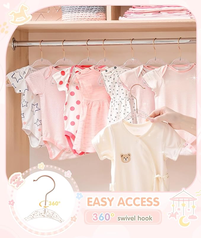 VIS'V Baby Hangers, 11 Inch Acrylic Kids Glitter Hangers for Infant Toddler Nursery Closet Clothes Organization, Pink, 30 Pcs