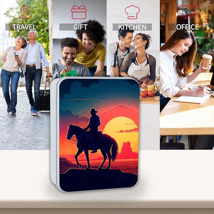 Metal Tin Box Sturdy Metal Storage Box with Lid, Large Container Holder for TCG Cards,Car Keys,Cookies,Tin Containers for Gift,5.0x3.7x1.6 Inch,Exquisite Pattern Design(Sunset Cowboy)