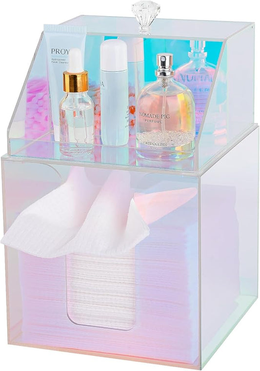 Disposable Facial Towels Storage Compatible with Clean Skin Club Clean Towel XL Double Layer Acrylic Box Cotton Pads Container Qtip Bin Face Towelettes Holder for Bathroom Counter, Glossy Rainbow