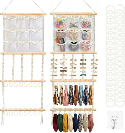 Hair Clip Holder Organizer Macrame Bow Organizer for Girls,Headband Holder Hair Accessories Storage Large Capacity Wall Hanging for Door Bedroom Wardrobe Home Decor (Beige B)
