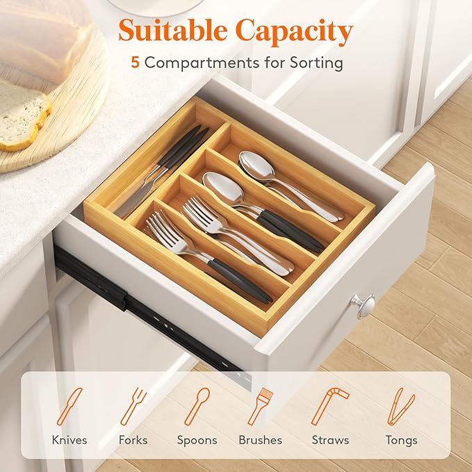 Lifewit Silverware Drawer Organizer, Utensil Tray for Kitchen, Flatware and Cutlery Holder, Storage for Spoons Forks Knives, 9.9 x 12.8", Natural