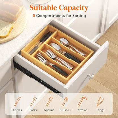 Lifewit Silverware Drawer Organizer, Utensil Tray for Kitchen, Flatware and Cutlery Holder, Storage for Spoons Forks Knives, 9.9 x 12.8", Natural