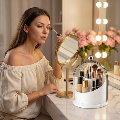 Makeup Brush Holder with Lid, 360° Rotating Cosmetic Organizer for Vanity, Covered Beauty Brushes Holder for Bathroom, Skincare Storage for Corner Countertop