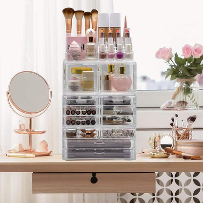 Sorbus Large Makeup Organizer - Clear Stackable Jewelry & Makeup Organizer For Vanity, Bathroom Storage, Dresser - 12 Drawers Cosmetic Beauty Organizers and Storage with Lipstick, Makeup Brush Holder