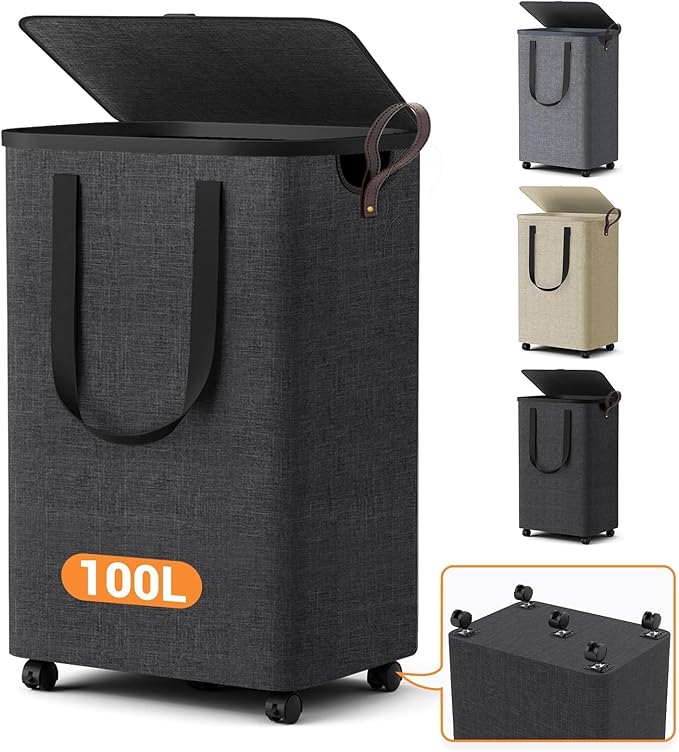 Laundry Basket with 5 Wheels, Tall Dirty Laundry Hamper, Rolling Laundry Basket with Lid, Large 100L Collapsible Clothes Hamper for Laundry Room Bedroom Bathroom Dorm, Dark Gray