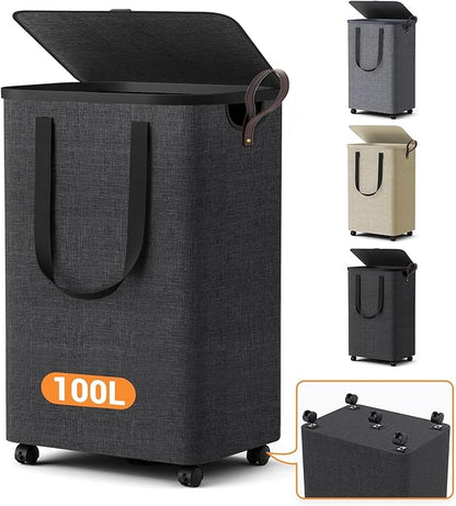 Laundry Basket with 5 Wheels, Tall Dirty Laundry Hamper, Rolling Laundry Basket with Lid, Large 100L Collapsible Clothes Hamper for Laundry Room Bedroom Bathroom Dorm, Dark Gray