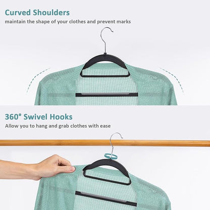 Tonswachic Heavy Duty Plastic Hangers 50 Pack, Space Saving Clothes Hangers, Non-Slip, 0.2 Inches Slim, 360° Swivel Silver Hook for Shirts, Sweaters & Pants, Black and Dark Gray