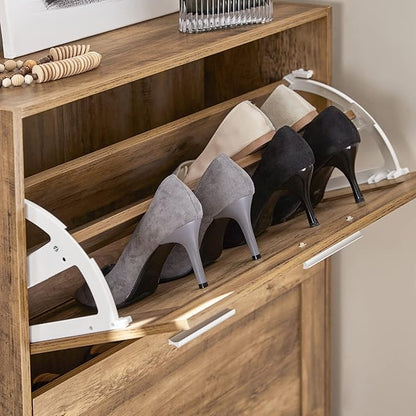 SoBuy Narrow Shoe Cabinet Entryway, Slim Shoe Rack 2 Flip-Drawers, Shoe Storage Cupboard for Hallway Brown FSR137-F