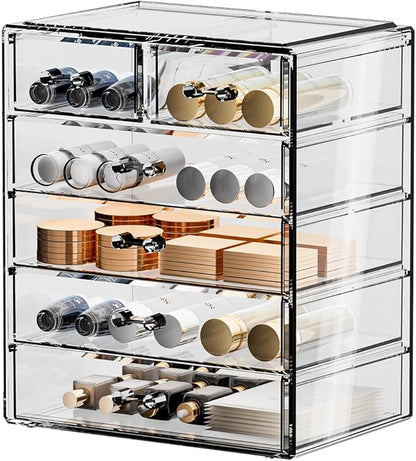Acrylic Clear Large Makeup Organizer - Jewelry Holder Organizer, Perfect Make Up Organizers and Storage for Vanity, Bathroom (4 Large, 2 Small Drawers - Clear)