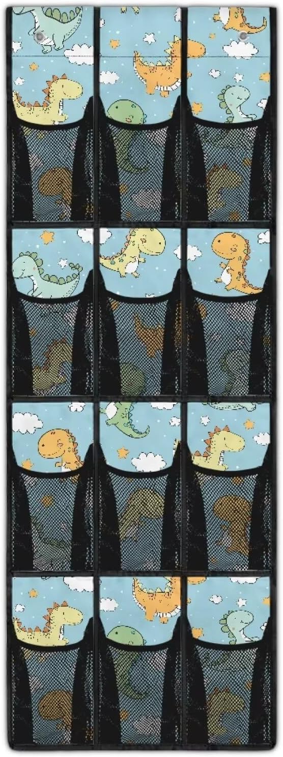 Blue Door Hanging Shoe Organizer 12 Pockets Over The Door Closet Organizer Space Saving Dinosaurs Wall Hanging Storage for Kids Room