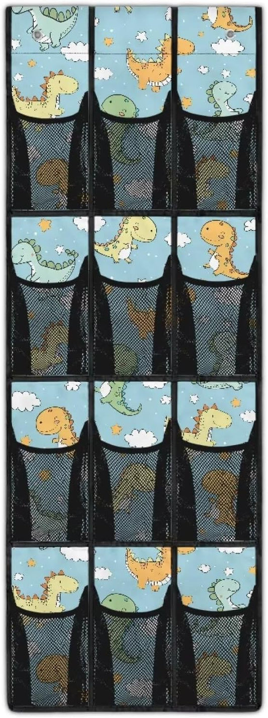 Blue Door Hanging Shoe Organizer 12 Pockets Over The Door Closet Organizer Space Saving Dinosaurs Wall Hanging Storage for Kids Room