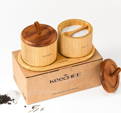 keechee Bamboo Salt Cellar with Acacia Lid & Spoon, 7.7oz Capacity with Built-In Spoon Slot & Labels, Two-Tone Countertop Seasoning Container (Single Compartment - 2 Pack)