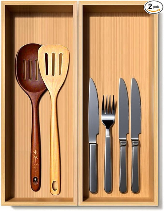 guiogc Bamboo Drawer Silverware Organizer, Silverware Tray, Flatware Organizer, Bamboo Storage Box Suitable for Office, Bathroom and other objects storage (14.2"x5"x2"-Set of 2)
